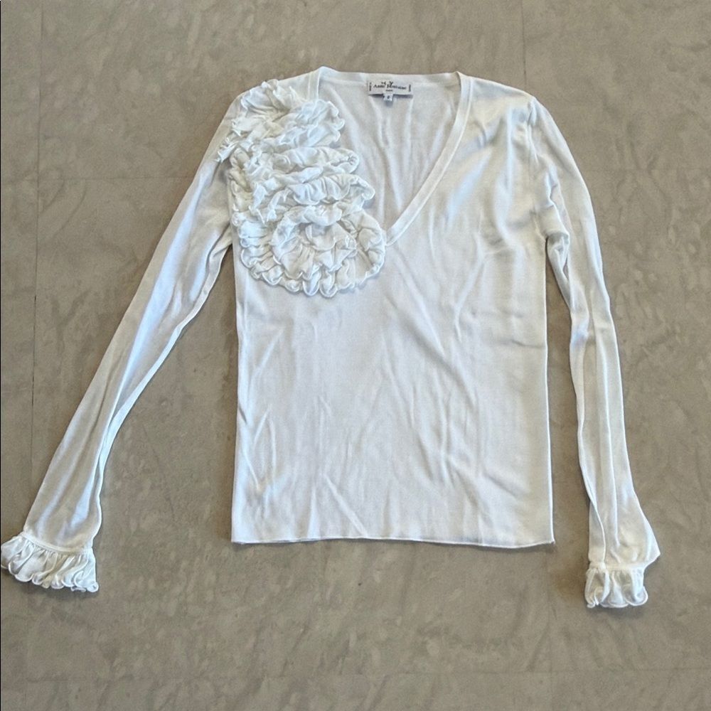 Anne Fontaine White Ruffled V-Neck Blouse